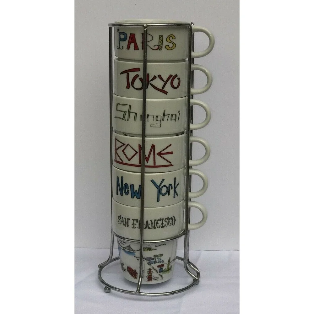 WORLD MARKET 6 COFFEE CUPS with Metal holder NYC/SAN Fran, Paris Rome,‎ Shaghia